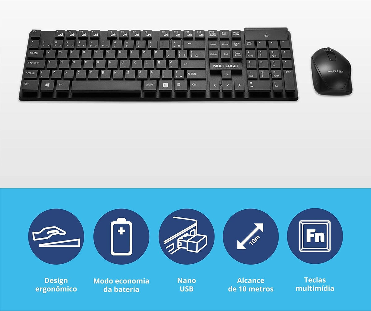 Kit Teclado e Mouse Sem Fio Multilaser TC251 - Teclas Flutuantes ABNT2 1200 DPI